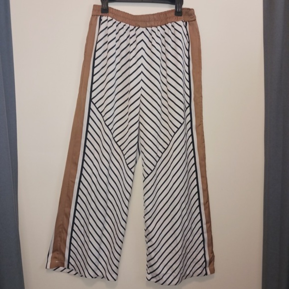 MODERN WORK Wide Flared Leg Striped‎ Palazzo long Pants XL Tan White lightweight